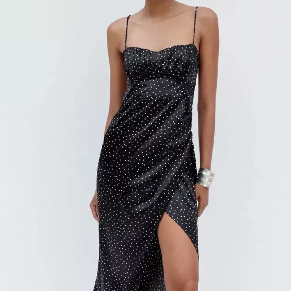 Zara Black and White Polka Dot Ruched Spaghetti Strap Satin Dress